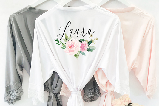 bridal party satin and lace robes for bridesmaids personalized with names and floral pattern